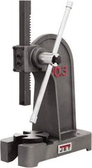 Jet - 1/2" Ram, 7-7/8" Throat Depth, 2 Ton Manual Arbor Press - 7-7/8" Max Work Height x 11-3/8" Max Work Width, Single Leverage, 6-3/8" Base Width x 17" Base Depth - USA Tool & Supply