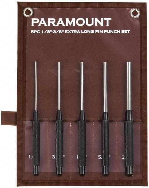 Paramount - 5 Piece, 1/8 to 3/8", Pin Punch Set - Round Shank, Steel, Comes in Canvas Roll - USA Tool & Supply