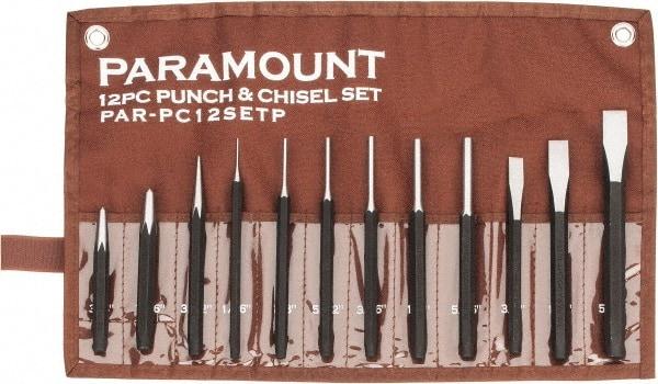 Paramount - 12 Piece Punch & Chisel Set - 3/8 to 5/8" Chisel, 1/16 to 3/8" Punch, Hexagon Shank - USA Tool & Supply