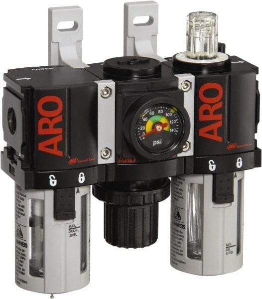 ARO/Ingersoll-Rand - 1/4" NPT Port Miniature 3 Piece Filter-Regulator-Lubricator FRL Unit - Polycarbonate Bowl, 46 SCFM, 150 Max psi, 5" High x 4.724" Long, Automatic Drain - USA Tool & Supply