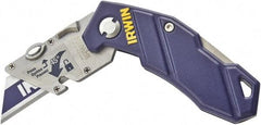 Irwin - Fixed Folding Utility Knife - Blue Aluminum Handle, 1 Blade Included - USA Tool & Supply