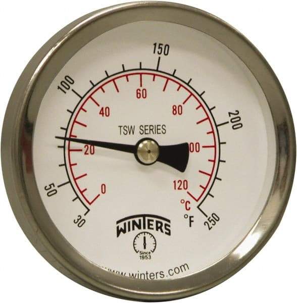 Winters - 30 to 250°F, Industrial Thermometer with Standard Thermowell - 1 Inch Immersion Length, 1.61 Inch Stem Length, 2 Inch Long, 1/2 Inch Thread - USA Tool & Supply