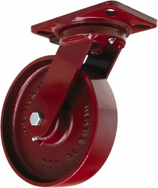 Hamilton - 8" Diam x 2" Wide x 9-3/4" OAH Top Plate Mount Swivel Caster - Cast Iron, 1,500 Lb Capacity, Tapered Roller Bearing, 4-1/2 x 6-1/2" Plate - USA Tool & Supply