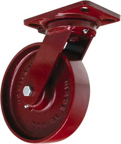 Hamilton - 8" Diam x 2" Wide x 9-3/4" OAH Top Plate Mount Swivel Caster - Cast Iron, 1,500 Lb Capacity, Sealed Precision Ball Bearing, 4-1/2 x 6-1/2" Plate - USA Tool & Supply