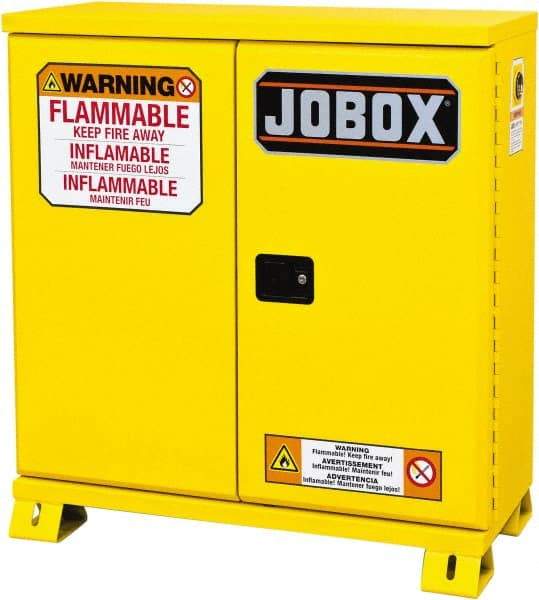 Jobox - 2 Door, 1 Shelf, Yellow Steel Standard Safety Cabinet for Flammable and Combustible Liquids - 49" High x 46-3/32" Wide x 19-5/8" Deep, Manual Closing Door, 30 Gal Capacity - USA Tool & Supply