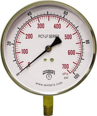 Winters - 4-1/2" Dial, 1/4 Thread, 0-100 Scale Range, Pressure Gauge - Lower Connection Mount, Accurate to 0.01% of Scale - USA Tool & Supply