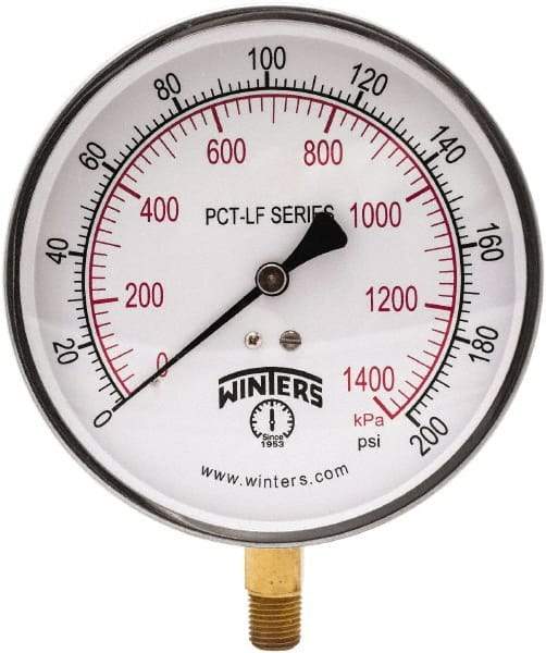 Winters - 4-1/2" Dial, 1/4 Thread, 0-200 Scale Range, Pressure Gauge - Lower Connection Mount, Accurate to 0.01% of Scale - USA Tool & Supply