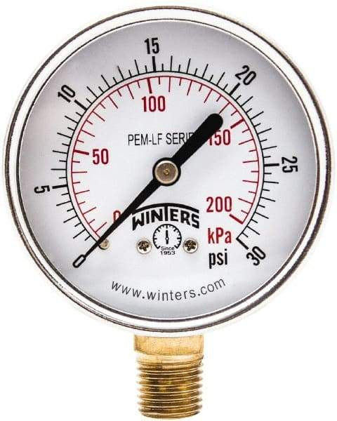 Winters - 2-1/2" Dial, 1/4 Thread, 0-30 Scale Range, Pressure Gauge - Lower Connection Mount, Accurate to 3-2-3% of Scale - USA Tool & Supply