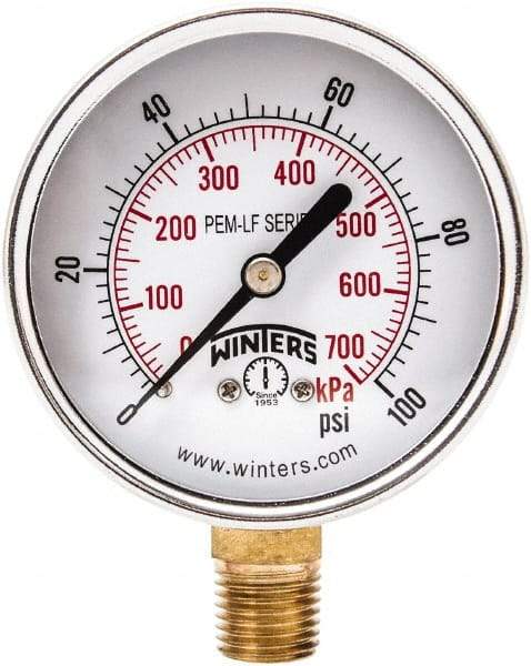Winters - 2-1/2" Dial, 1/4 Thread, 0-100 Scale Range, Pressure Gauge - Lower Connection Mount, Accurate to 3-2-3% of Scale - USA Tool & Supply