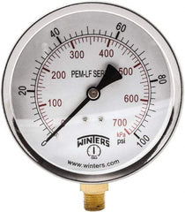 Winters - 4" Dial, 1/4 Thread, 0-100 Scale Range, Pressure Gauge - Lower Connection Mount, Accurate to 3-2-3% of Scale - USA Tool & Supply