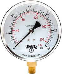 Winters - 4" Dial, 1/4 Thread, 0-30 Scale Range, Pressure Gauge - Lower Connection Mount, Accurate to 3-2-3% of Scale - USA Tool & Supply