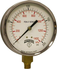 Winters - 4" Dial, 1/4 Thread, 0-200 Scale Range, Pressure Gauge - Lower Connection Mount, Accurate to 3-2-3% of Scale - USA Tool & Supply