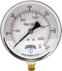 Winters - 4" Dial, 1/4 Thread, 0-300 Scale Range, Pressure Gauge - Lower Connection Mount, Accurate to 3-2-3% of Scale - USA Tool & Supply
