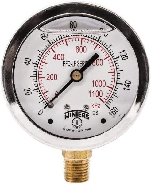 Winters - 2-1/2" Dial, 1/4 Thread, 0-160 Scale Range, Pressure Gauge - Lower Connection Mount, Accurate to 1.5% of Scale - USA Tool & Supply