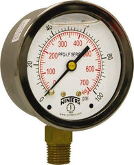 Winters - 2-1/2" Dial, 1/4 Thread, 0-100 Scale Range, Pressure Gauge - Lower Connection Mount, Accurate to 1.5% of Scale - USA Tool & Supply