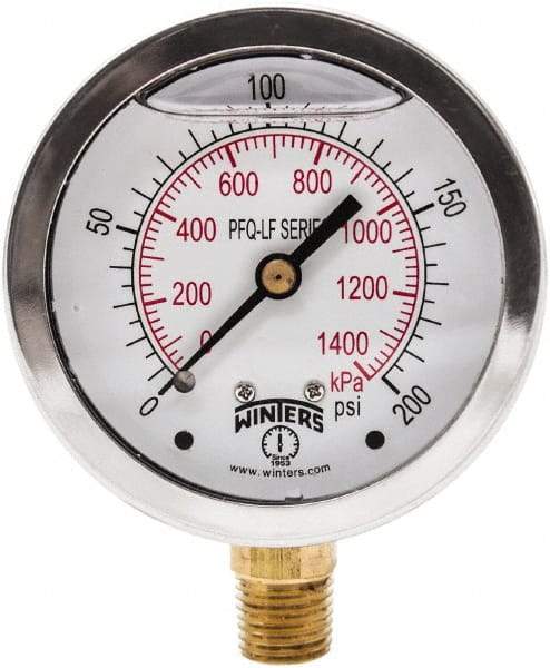 Winters - 2-1/2" Dial, 1/4 Thread, 0-200 Scale Range, Pressure Gauge - Lower Connection Mount, Accurate to 1.5% of Scale - USA Tool & Supply