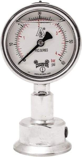 Winters - 2-1/2" Dial, 1-1/2 Thread, 0-60 Scale Range, Pressure Gauge - Lower Connection Mount, Accurate to 1.5% of Scale - USA Tool & Supply