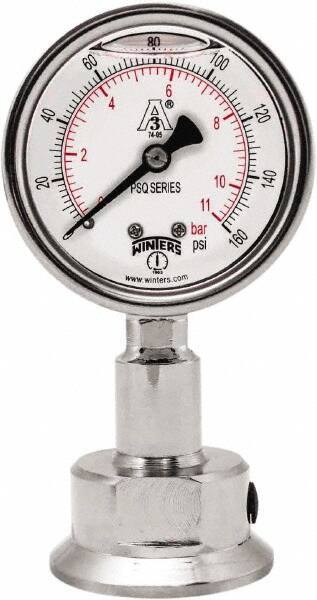 Winters - 2-1/2" Dial, 1-1/2 Thread, 0-160 Scale Range, Pressure Gauge - Lower Connection Mount, Accurate to 1.5% of Scale - USA Tool & Supply