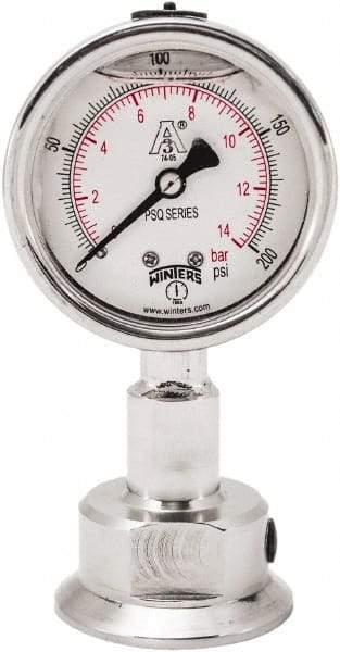 Winters - 2-1/2" Dial, 1-1/2 Thread, 0-200 Scale Range, Pressure Gauge - Lower Connection Mount, Accurate to 1.5% of Scale - USA Tool & Supply