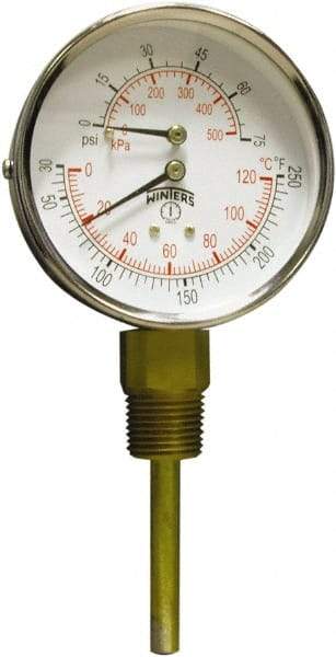 Winters - 3" Dial, 1/2 Thread, 0-75 Scale Range, Pressure Gauge - Lower Connection Mount, Accurate to 0.03% of Scale - USA Tool & Supply