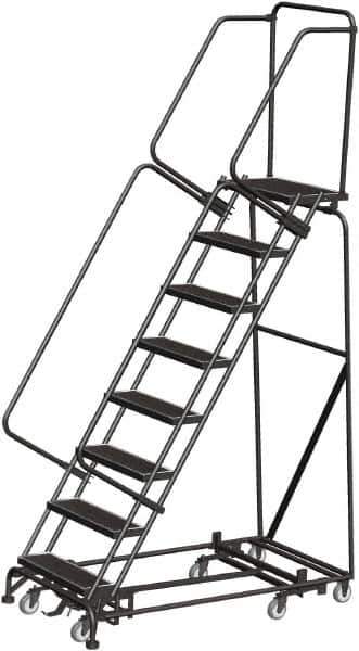 Ballymore - 113" 8 Step Rolling Warehouse Ladder - Lock Step Rolling Safety Ladder, 450 Lb Capacity, 80" Platform Height, 32" Base Width x 61" Base Depth, Perforated Tread - USA Tool & Supply