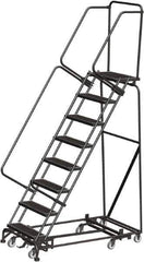 Ballymore - 113" 8 Step Rolling Warehouse Ladder - Lock Step Rolling Safety Ladder, 450 Lb Capacity, 80" Platform Height, 32" Base Width x 61" Base Depth, Perforated Tread - USA Tool & Supply