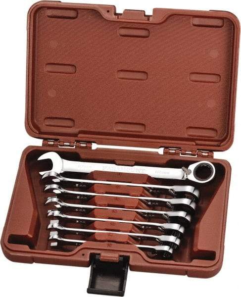 Paramount - 7 Piece, 10mm to 18mm, 12 Point Reversible Ratcheting Combination Wrench Set - Metric Measurement Standard, Full Polish Chrome Finish, Comes in Blow Molded Case - USA Tool & Supply