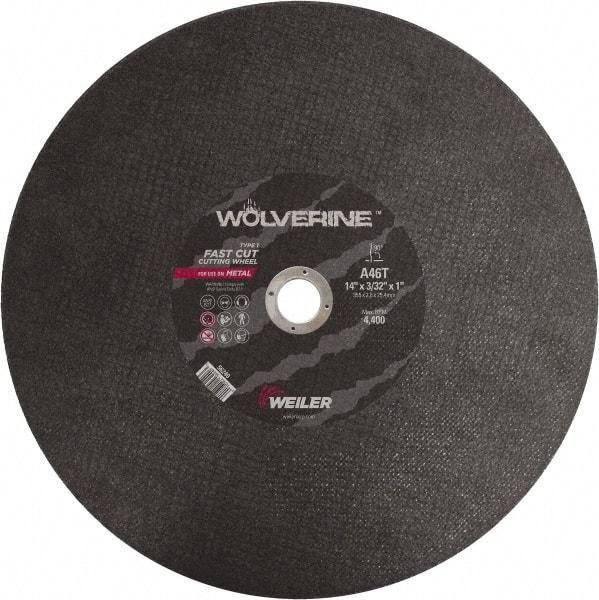 Weiler - 14" 46 Grit Aluminum Oxide Cutoff Wheel - 3/32" Thick, 1" Arbor, 4,400 Max RPM, Use with Chop Saws - USA Tool & Supply