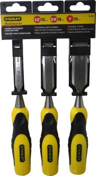 Stanley - 3 Piece Wood Chisel Set - 9" OAL, Bi-Material, Sizes Included 1/2 to 1" - USA Tool & Supply