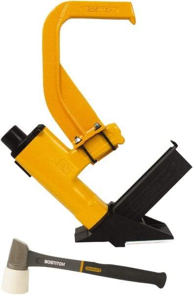 Stanley Bostitch - 1/2" Crown, 16 Gauge, 92 Staple Capacity Power Stapler - 1/4" Inlet, 70 to 90 psi Air Pressure, Includes Graphite Mallet & Pre-Finished Flooring Adapter Foot - USA Tool & Supply