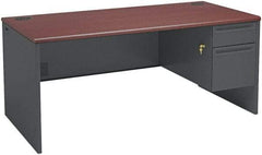 Hon - Steel-Reinforced High-Pressure Laminate/Metal Right Pedestal Desk - 66" Wide x 30" Deep x 29" High, Mahogany/Charcoal - USA Tool & Supply