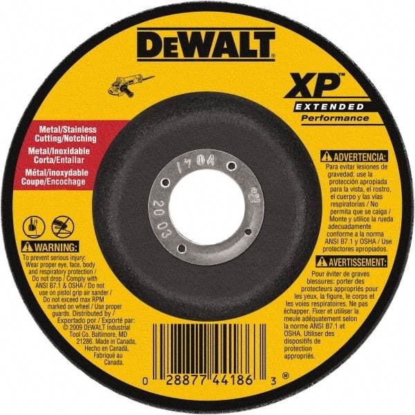DeWALT - 24 Grit, 9" Wheel Diam, 3/32" Wheel Thickness, 7/8" Arbor Hole, Type 27 Depressed Center Wheel - Zirconia Alumina, Resinoid Bond, 6,600 Max RPM - USA Tool & Supply