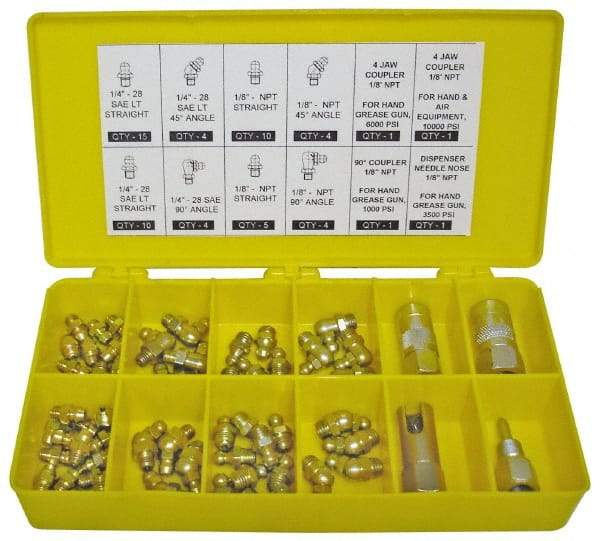 PRO-LUBE - 60 Piece, Inch, Box Plastic Steel Grease Fitting Set - Includes PTF, UNF Thread Types, Includes 1/4-28 SAE-LT: (25) Straight, (4) 45°, (4) 90°, 1/8-27 PTF: (15) Straight, (4) 45°, (4) 90° - USA Tool & Supply