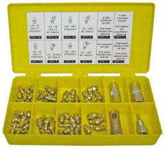 PRO-LUBE - 60 Piece, Inch, Box Plastic Steel Grease Fitting Set - Includes PTF, UNF Thread Types, Includes 1/4-28 SAE-LT: (25) Straight, (4) 45°, (4) 90°, 1/8-27 PTF: (15) Straight, (4) 45°, (4) 90° - USA Tool & Supply