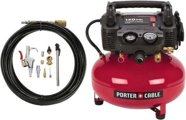 Porter-Cable - 0.8 hp, 2.6 CFM Hand Carry Pancake Compressor - 6 Gallon Tank, 10 Amp, 150 Max psi, 120V - USA Tool & Supply