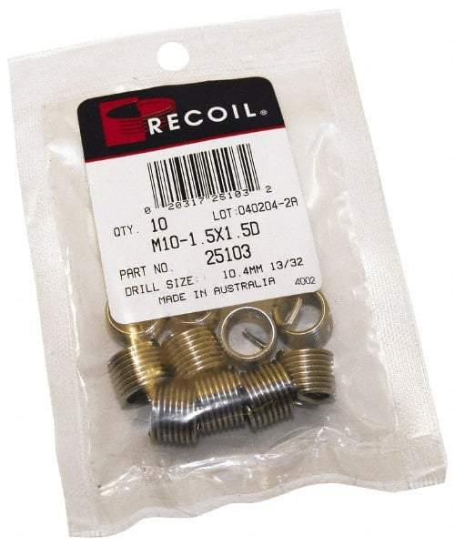 Recoil - 1/2-14 NPT, 0.534" OAL, Free Running Helical Insert - 5-3/8 Free Coils, Tanged, Stainless Steel, 1-1/2D Insert Length - USA Tool & Supply