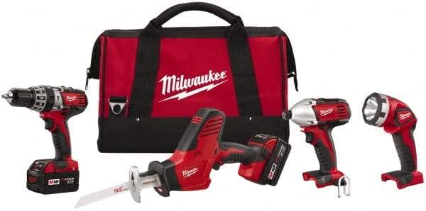 Milwaukee Tool - 18 Volt Cordless Tool Combination Kit - Includes 1/2" Hammer Drill, 1/4" Hex Impact Driver & One-Handed Hackzall Reciprocating Saw, Lithium-Ion Battery Included - USA Tool & Supply