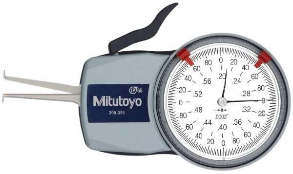 Mitutoyo - 0.2 to 0.6" Inside Dial Caliper Gage - 0.0002" Graduation, 0.0008" Accuracy, 1.37" Leg Length, 0.09" Deep x 0.032" Wide Groove, Ball Contact Points - USA Tool & Supply
