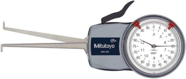 Mitutoyo - 0.4 to 1.2" Inside Dial Caliper Gage - 0.0005" Graduation, 0.0015" Accuracy, 3.3" Leg Length, 0.19" Deep x 0.06" Wide Groove, Ball Contact Points - USA Tool & Supply