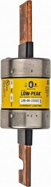 Cooper Bussmann - 250 VAC/VDC, 250 Amp, Time Delay General Purpose Fuse - Bolt-on Mount, 8-5/8" OAL, 100 at DC, 300 at AC (RMS) kA Rating, 2-3/8" Diam - USA Tool & Supply