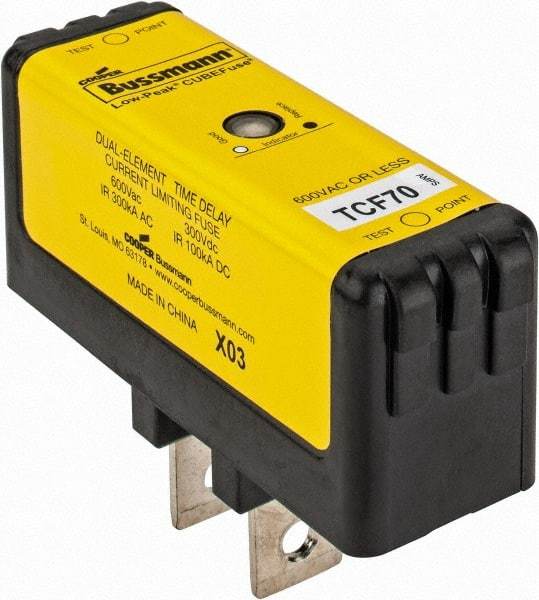 Cooper Bussmann - 300 VDC, 600 VAC, 70 Amp, Time Delay General Purpose Fuse - Plug-in Mount, 76.45mm OAL, 100 at DC, 200 (CSA RMS), 300 (UL RMS) kA Rating - USA Tool & Supply