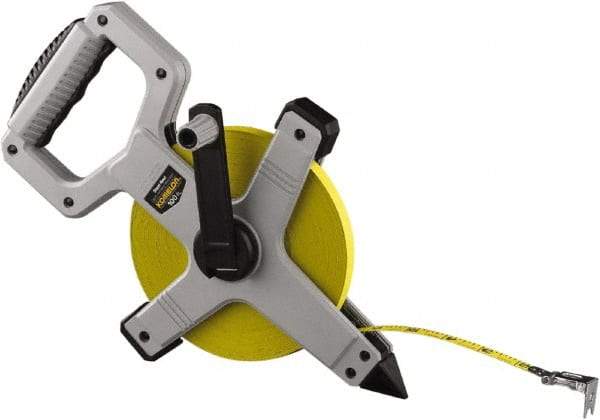 Komelon - 100' x 1/2" Yellow Steel Blade Tape Measure - 1/8" Graduation, Gray ABS Plastic Case - USA Tool & Supply