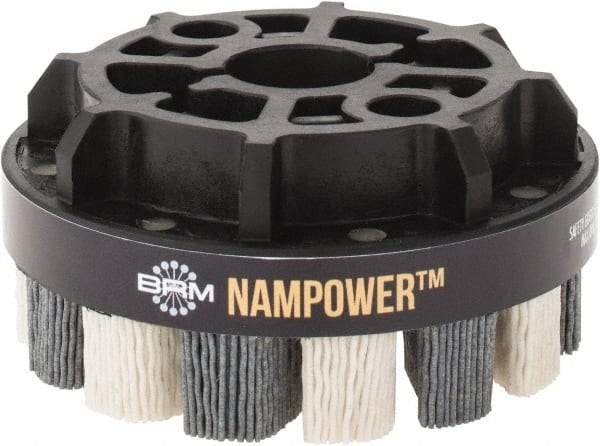 Brush Research Mfg. - 4" 180 Grit Ceramic/Silicon Carbide Tapered Disc Brush - Medium Fine Grade, CNC Adapter Connector, 0.71" Trim Length, 7/8" Arbor Hole - USA Tool & Supply