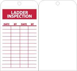 NMC - 3" High x 6" Long, LADDER INSPECTION, English Safety & Facility Inspection Tag - Tag Header: Notice, 1 Side, Red & White Unrippable Vinyl - USA Tool & Supply