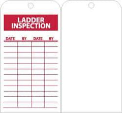 NMC - 3" High x 6" Long, LADDER INSPECTION, English Safety & Facility Inspection Tag - Tag Header: Notice, 1 Side, Red & White Unrippable Vinyl - USA Tool & Supply
