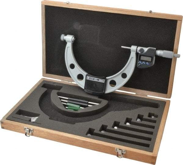 Mitutoyo - 6 Anvil, Electronic, 0 to 6 Inch Range, Carbide Face Interchangeable Anvil Micrometer - Ratchet Stop Thimble, 0.0001 Inch Resolution, 0.00016 + 0.00004 (L/3) Inch Accuracy, SR44 Battey, Includes 5 Standards, 6 Anvils and Fitted Wooden Case - USA Tool & Supply