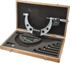 Mitutoyo - 6 Anvil, Electronic, 0 to 6 Inch Range, Carbide Face Interchangeable Anvil Micrometer - Ratchet Stop Thimble, 0.0001 Inch Resolution, 0.00016 + 0.00004 (L/3) Inch Accuracy, SR44 Battey, Includes 5 Standards, 6 Anvils and Fitted Wooden Case - USA Tool & Supply