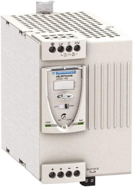 Schneider Electric - 240 Watt, 10 Amp, 100 to 120 VAC, 200 to 500 VAC Input, 24 VDC Output, DIN Rail Power Supply - Screw Connection, 165mm Wide x 155mm Deep x 143mm High, 87-100% Efficiency, Green LED Output, Red LED Output - USA Tool & Supply