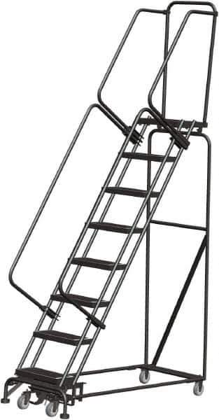 Ballymore - 113" 8 Step Rolling Warehouse Ladder - Lock Step Rolling Safety Ladder, 450 Lb Capacity, 80" Platform Height, 24" Base Width x 61" Base Depth, Perforated Tread - USA Tool & Supply