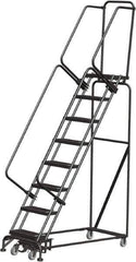 Ballymore - 113" 8 Step Rolling Warehouse Ladder - Lock Step Rolling Safety Ladder, 450 Lb Capacity, 80" Platform Height, 24" Base Width x 61" Base Depth, Perforated Tread - USA Tool & Supply